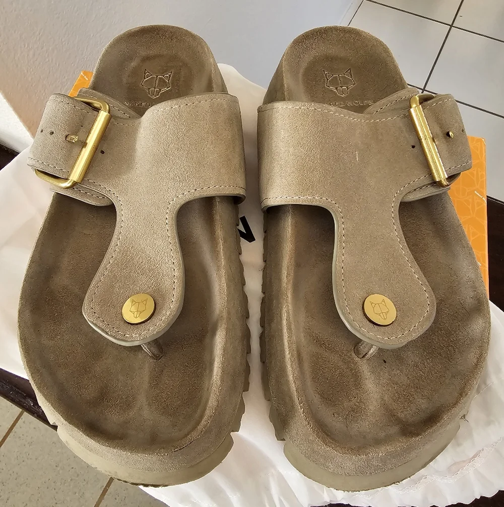 Naked Wolfe Vixen Taupe Suede Sandals with Gold Buckle - Picture 2 of 6